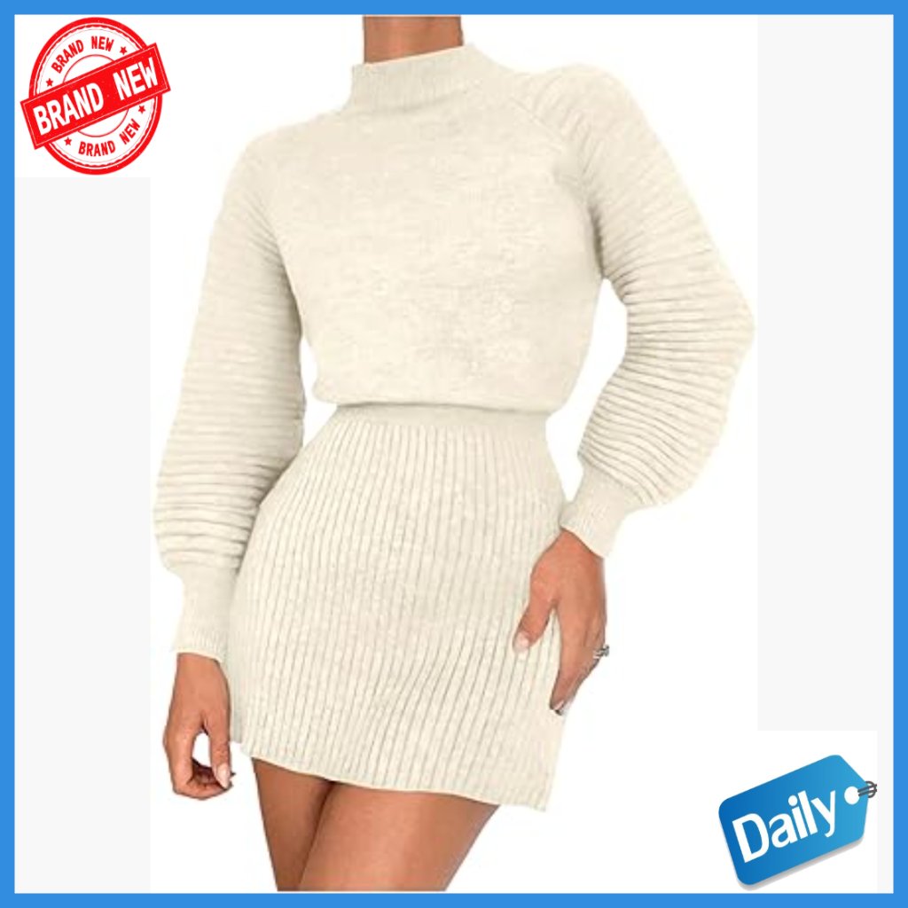 Long Sleeve Mock Neck Sweater Dress Shirred Office Mini A-Line